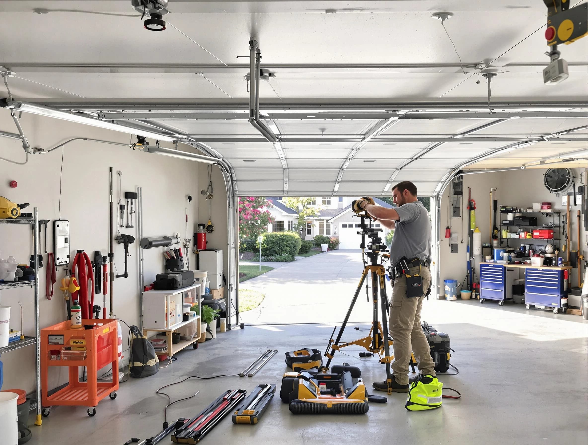 Montville Garage Door Repair specialist performing laser-guided track alignment in Montville