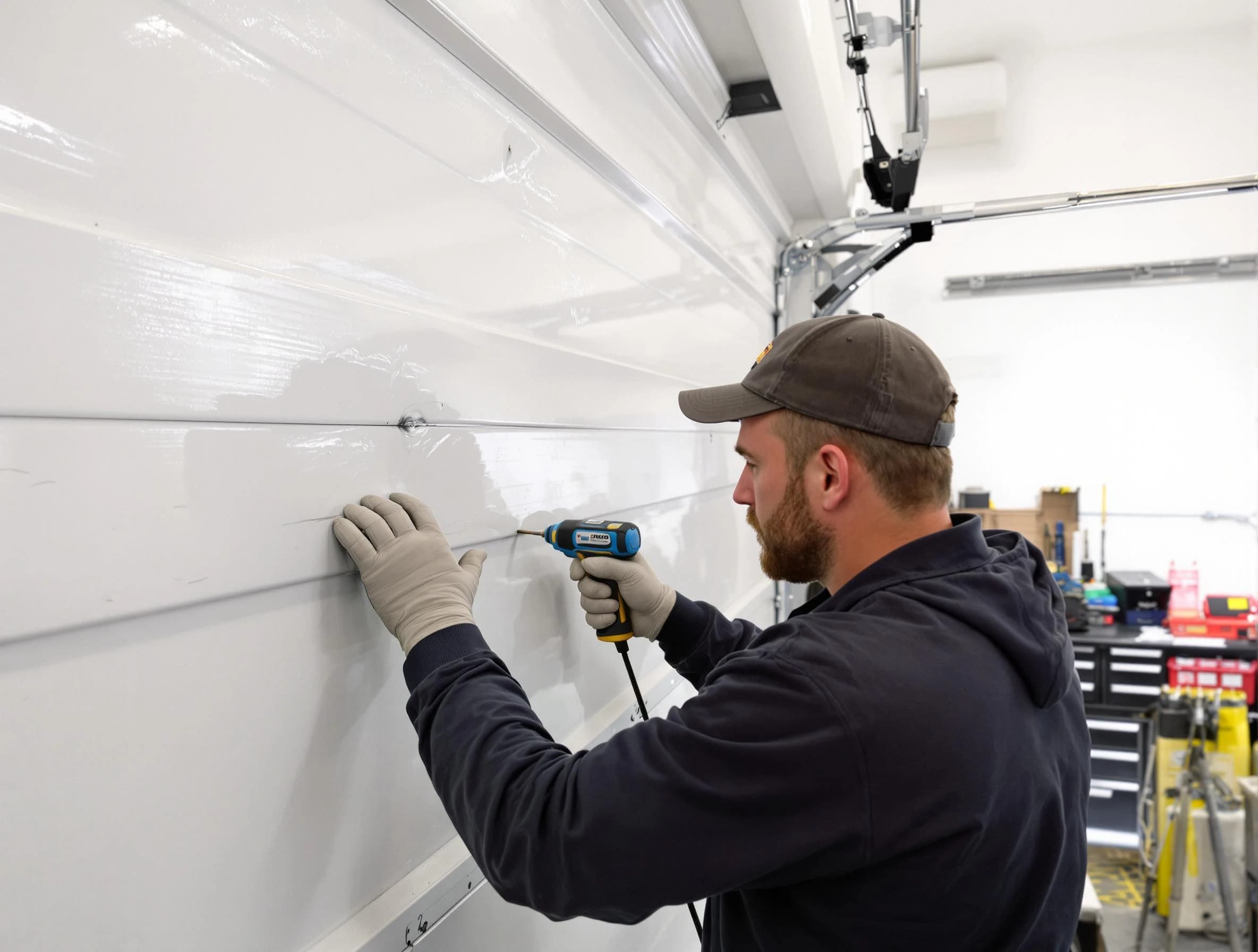 Montville Garage Door Repair technician demonstrating precision dent removal techniques on a Montville garage door